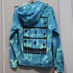 NWOT Bowery California Palm Trees Blue Teal Tie-Dye Hoodie mens small